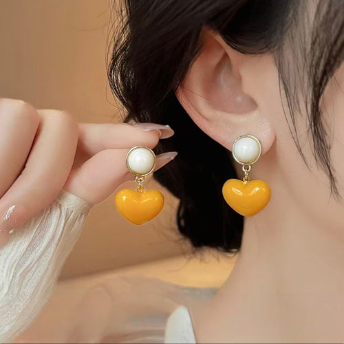 Yellow Enamel Heart Shell Cabochon Dangle Frame Anchor Earrings - AuraNudge