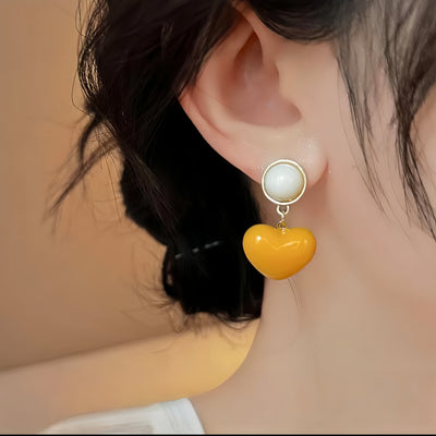 Yellow Enamel Heart Shell Cabochon Dangle Frame Anchor Earrings - AuraNudge