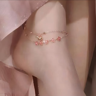 Rose Gold Pink Sakura Double Layer Anklet with Bell Charm