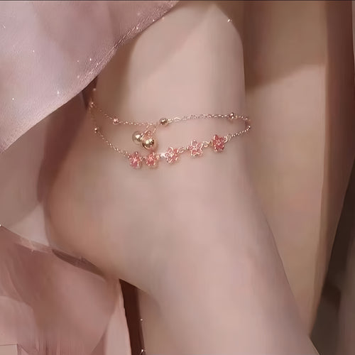 Rose Gold Pink Sakura Double Layer Anklet with Bell Charm