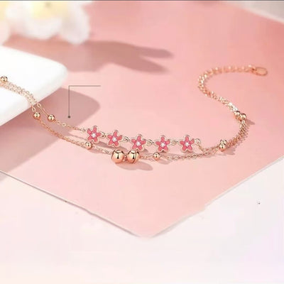 Rose Gold Pink Sakura Double Layer Anklet with Bell Charm