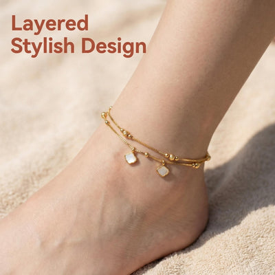Oceanic Whisper: Layered Shell Anklet in Radiant Gold-Finish & Mother of Pearl