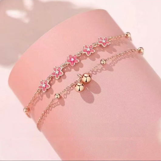 Rose Gold Pink Sakura Double Layer Anklet with Bell Charm