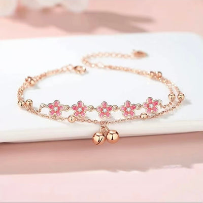 Rose Gold Pink Sakura Double Layer Anklet with Bell Charm