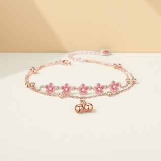 Rose Gold Pink Sakura Double Layer Anklet with Bell Charm